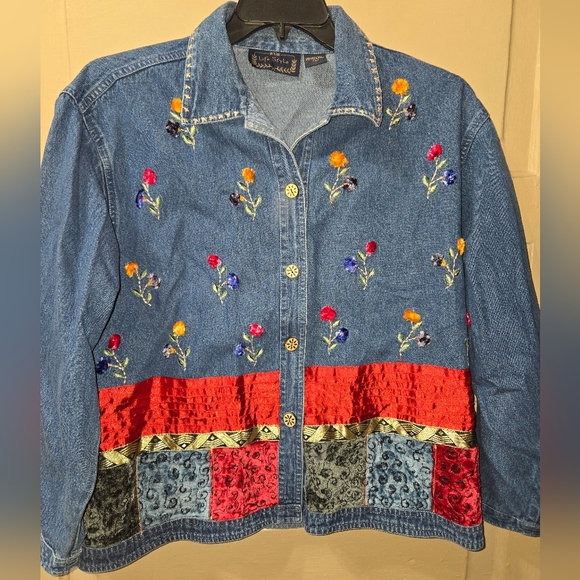 Life Style Mixed Media Embroidered Floral Denim Button Up Light Weight Coat - Picture 2 of 6
